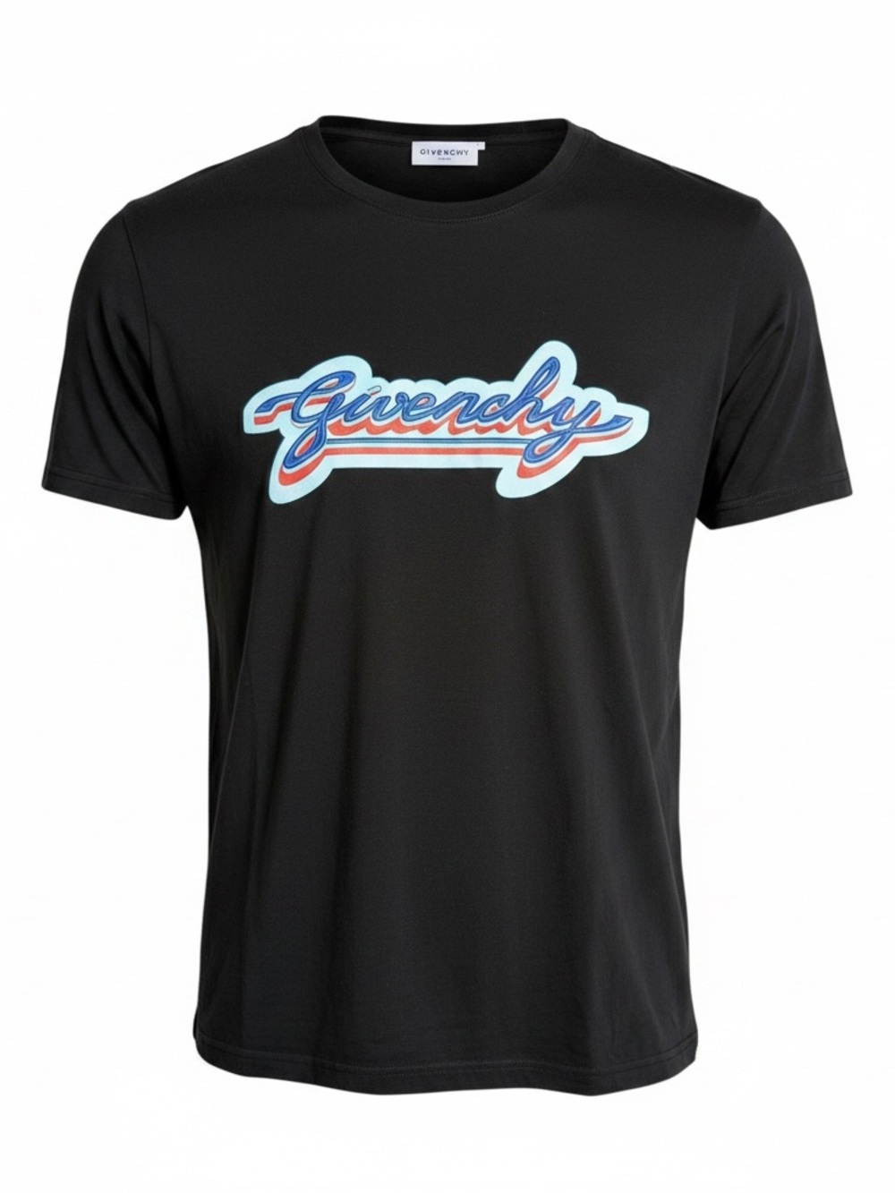 Givenchy Black Crewneck T-Shirt with Blue and Red Script Logo